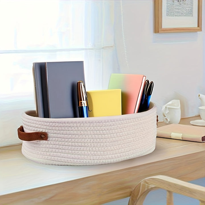 1pc Beige Woven office items Storage Basket with Handles - desktop Multifunctional Organizer for Toilet Top, office Desktops, or Bathroom Essentials, Stylish and Durable Home Decor Accessory
