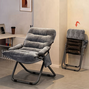 Silla de lounge portátil y plegable con respaldo, marco de metal y tela tejida lavable a mano – Tapizado gris, diseño ergonómico para sala de estar, dormitorio, habitación de estudiantes o balcón, silla para sala de estar