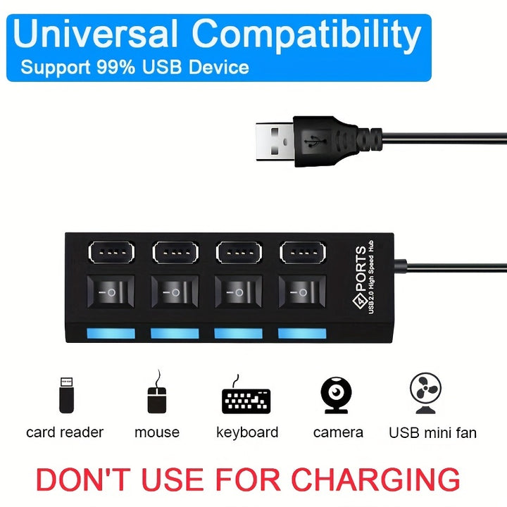 WHXMSH High-Speed USB 2.0 Hub - Expand Your Device's Connectivity with 4/7 Ports, LED Indicator Switches, Compact & Lightweight Design for PC & Laptop - Black