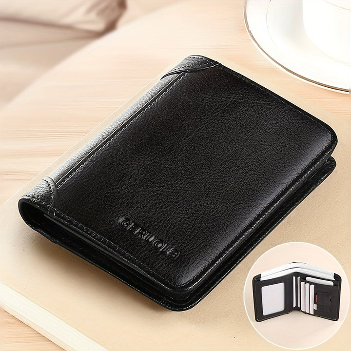Men's Ultra-thin Double-folded Leather Front Pocket RFID Wallet with 2 ID Card Windows