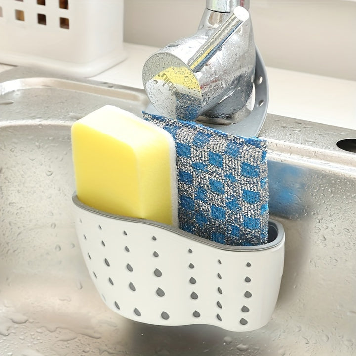 Adjustable Double Wall Kitchen Sink Rack 1pc - Soap Sponge Drain Holder, Hanging Basket Storage, and Suction Cups - Organize Sink Accessories and Save Space with Classic Rectangular Design