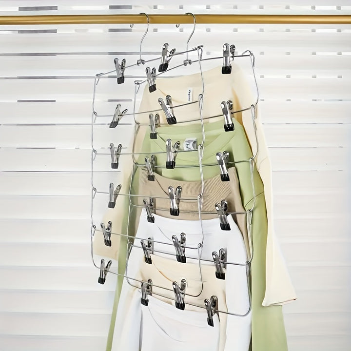 6-Tier Metal Skirt and Pant Hanger with 12 Clips, Space-Saving Closet Organizer for Shirts, Ties, Belts, Scarves, Socks, and Bras - Black, Multiitem Hanger | Vertical Hangers | Sturdy Clothes Hanger, Hangers for Clothes