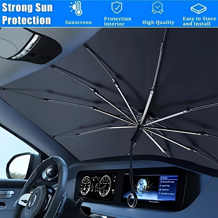 Compact Roll-Up Sunshade for Front Window - Heat Insulation and UV Protection, Easy-to-Use Auto Interior Accessory, UPF50+ Material, Fits Most Vehicles, Sun Protection Curtain | Sleek Black Umbrella Design | Easy Handling, Ca