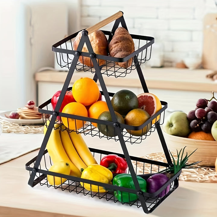 Modern Metal Fruit and Vegetable Basket with Detachable Bowl-Shaped Storage and Wooden Handle for Kitchen Organization, Perfect for Christmas/Halloween Gift, Countertop, Bathroom