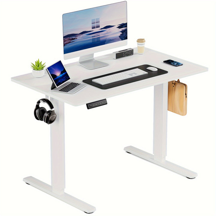 63" Adjustable Height Electric Standing Desk - Modern Wooden Workstation with 4-Panel Display Setup, Storage Shelf & Hooks for Home Office, Bedroom, or Gaming Room, Workspace Organizer | Sleek Metal Frame | Iron Construction,