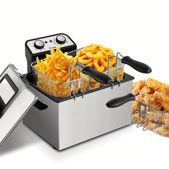 SUSTEAS 1500W Electric Deep Fryer with Temperature Control, Removable Lid & Non-Stick Basket - Easy-Clean 84.54oz Capacity for Home Use, Sleek Stainless Steel Design, Perfect for Frying Chicken, French Fries & More, Deep Frye