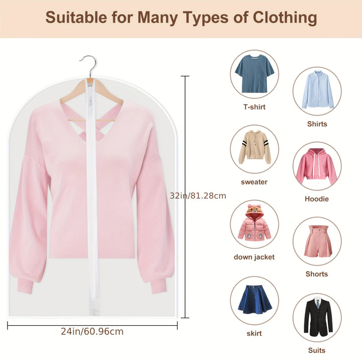 5pcs Zippered Garment Bags - Transparent PEVA Dustproof Clothing Covers with Hanging Hooks for Suits, Coats & Delicate Fabrics, Closet Organization & Travel Storage, Clothes Storage, Clear Visibility Material