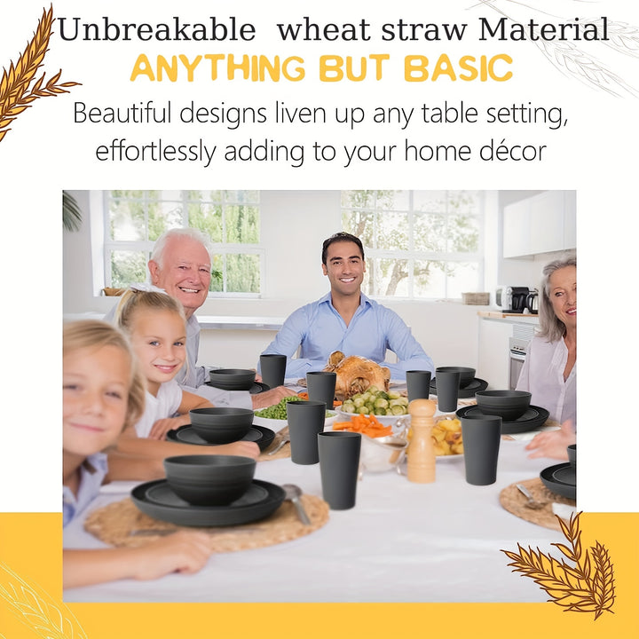 Premium straw tableware set, 16 unbreakable tableware sets, microwave and dishwasher safe, black set of 8 plates, 4 bowls, 4 cups.