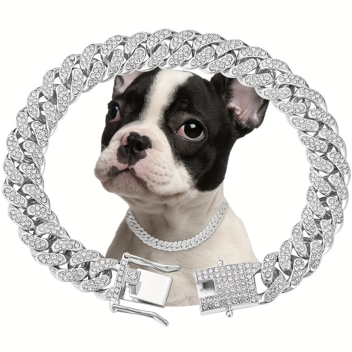 Sparkling Diamondoid Dog Collar: Secure Metal Chain & Buckle for Stylish Walks!