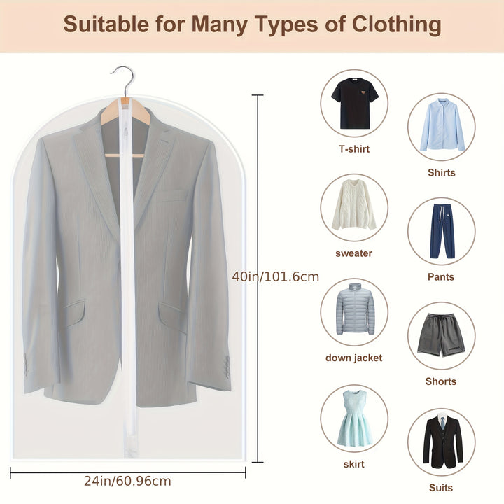 5pcs Zippered Garment Bags - Transparent PEVA Dustproof Clothing Covers with Hanging Hooks for Suits, Coats & Delicate Fabrics, Closet Organization & Travel Storage, Clothes Storage, Clear Visibility Material