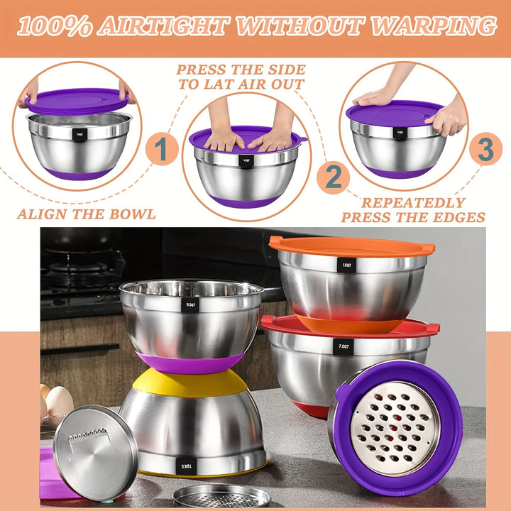 Mixing Bowls with Airtight Lids, 26 Pcs Stainless Steel Bowls Set, 3 Grater Attachments & Black Non-Slip Bottoms Size 7, 4, 2.5, 2.0, 1.5, 1QT