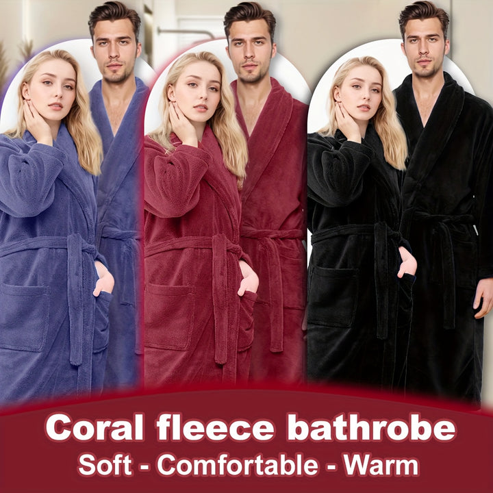 Unisex Extra Warm Coral Fleece Bathrobe Mens and Women Adult Robes for Your Bathroom Bedroom Shawl Collar Robes