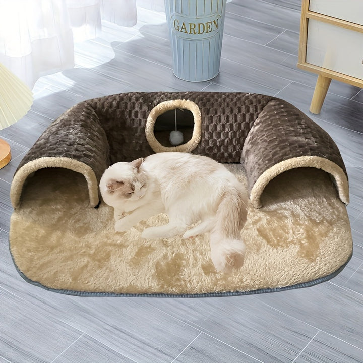 Tunnelle de chat confortable 3-en-1 - Tapis de jeu et nid chaud avec fond antidérapant pour chats de petite à moyenne taille, lapins et hamsters