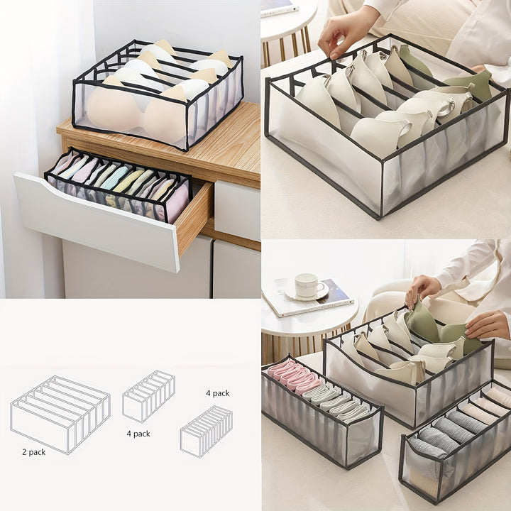 [Foldable Nylon Bra Organizer] 5pcs Foldable Nylon Bra Organizer - Closet Underwear Organizer Drawer Divider for Women - Includes 6/7/7/11/11 Cell for Lingerie, Underwear, Socks, Ties (Black)