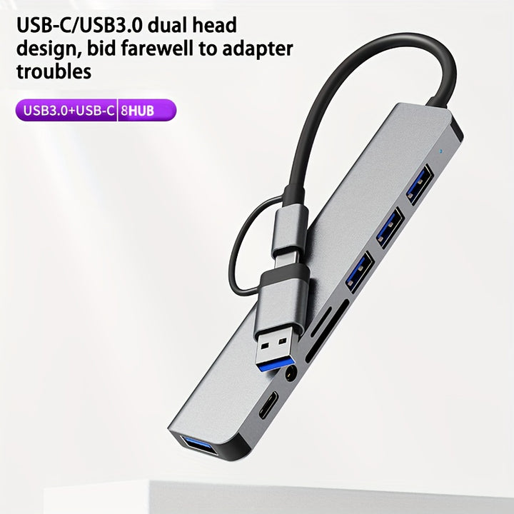 3.0 High speed USB C hub USB splitter 8-in-1 USB extender with 4 USB ports and 1 USBC TF/SD card reader 3.5mm audio output, suitable for MacBook Pro/iPad Pro/HP laptops/Galaxy phones (1 to 8)