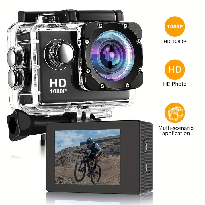 1080P HD Action Camera with 140° Wide Angle, 5.08cm LCD Display, Digital Image Stabilization, Auto Exposure, Fisheye Lens, Rechargeable Battery, USB Power, SD Card Slot, MP4 File Format - Ideal for Outdoor Sports Recording