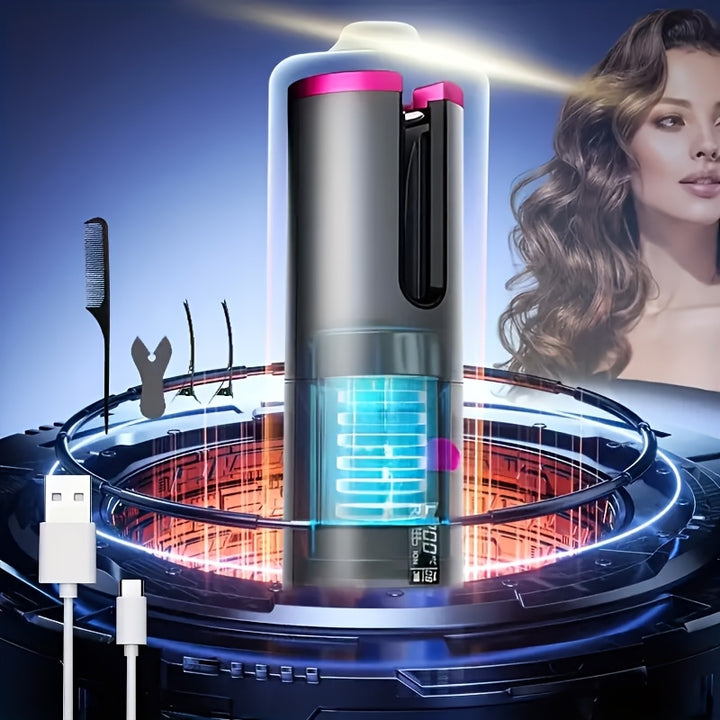 1pc Automatic Curler for Wonderful Locks - Fast Charging USB, Ceramic, 5 Heat Settings No Tangles - Very Suitable for Styling and Special Occasions, Including Elegant Gift Boxes