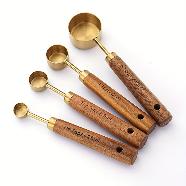 [8pcs Stainless Steel Measuring Cup] 8pcs Stainless Steel Measuring Cup And Spoon Set | Acacia Wooden Handle For Dry Goods And Liquid Ingredients, Baking Tools DIY, Seasoning Spoon Take Powder Spoon Coffee Spoon