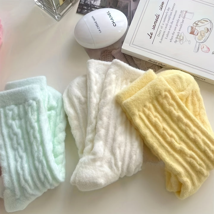 5 Pairs Women's Twisted Pattern Socks - Soft, Warm, Plush Mid-Calf | Candy-Colored, Smooth, Knitted Thigh-High Socks, Perfect for Gifts