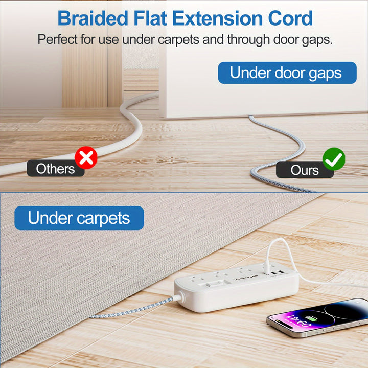 Compact 8-Outlet Surge Protector Power Strip with 3 USB Ports (1 USB-C) - Wall Mountable, 5ft Braided Flat Extension Cord, ETL Certified - Waksmart for Office, School, Dorm