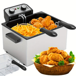 Friteuse en acier inoxydable 1 pièce 5,3QT avec panier - Friteuse électrique avec couvercle à fenêtre, température et minuterie réglables, 1800W - Prise US pour poulet frit, crevettes, frites