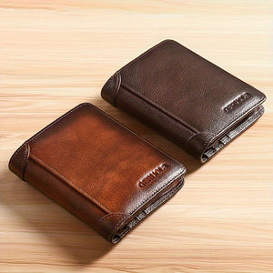 Men's Ultra-thin Double-folded Leather Front Pocket RFID Wallet with 2 ID Card Windows
