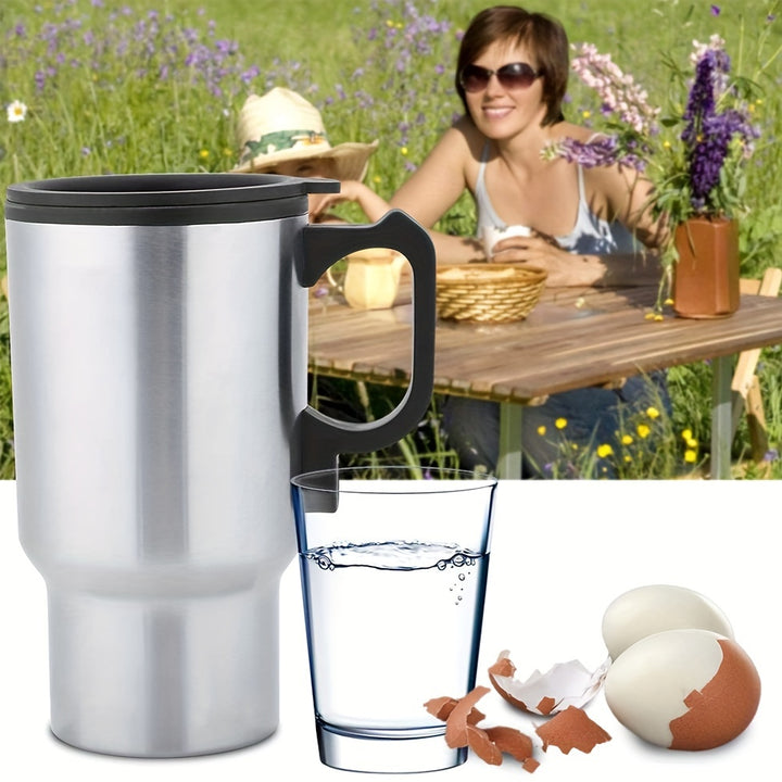 15.22oz Stainless Steel Car Heating Cup - Portable Insulated Travel Mug with 12V Cigarette Lighter, Spill-Proof Silicone Lid & Black Handle for Hot Drinks on the Go, Hot Coffee Travel Mug