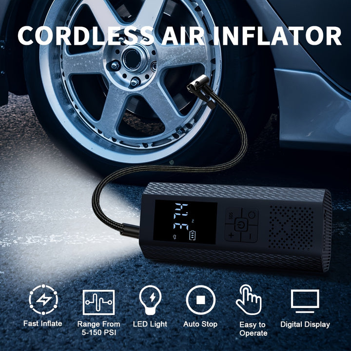 150PSI Portable Air Compressor with Tire Pressure Gauge & LED Display - 3X Faster One-Touch Smart Cordless Tire Inflator, USB-Powered, Rechargeable Battery