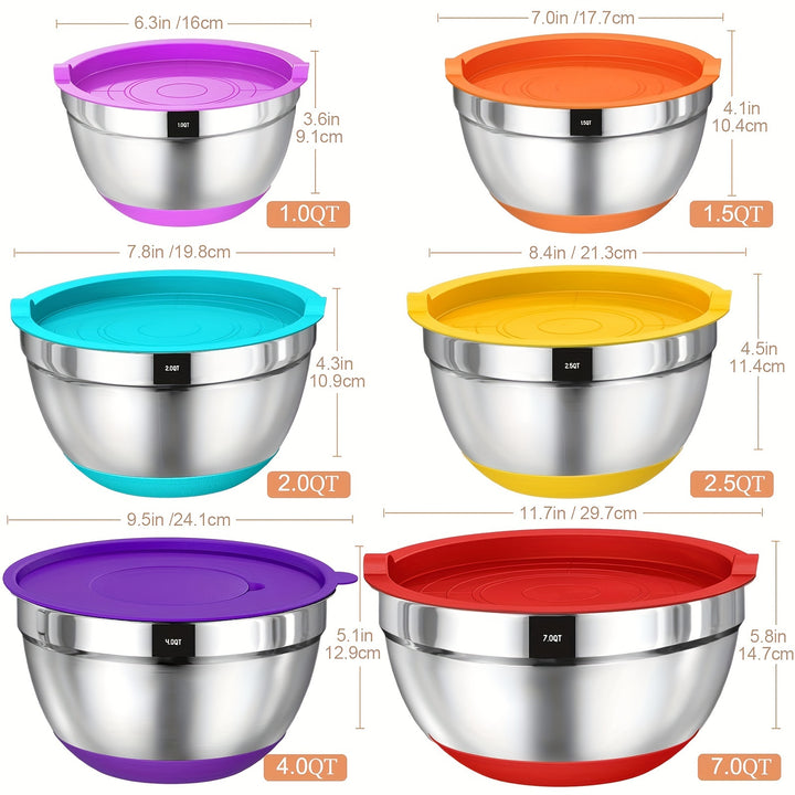 Mixing Bowls with Airtight Lids, 26 Pcs Stainless Steel Bowls Set, 3 Grater Attachments & Black Non-Slip Bottoms Size 7, 4, 2.5, 2.0, 1.5, 1QT