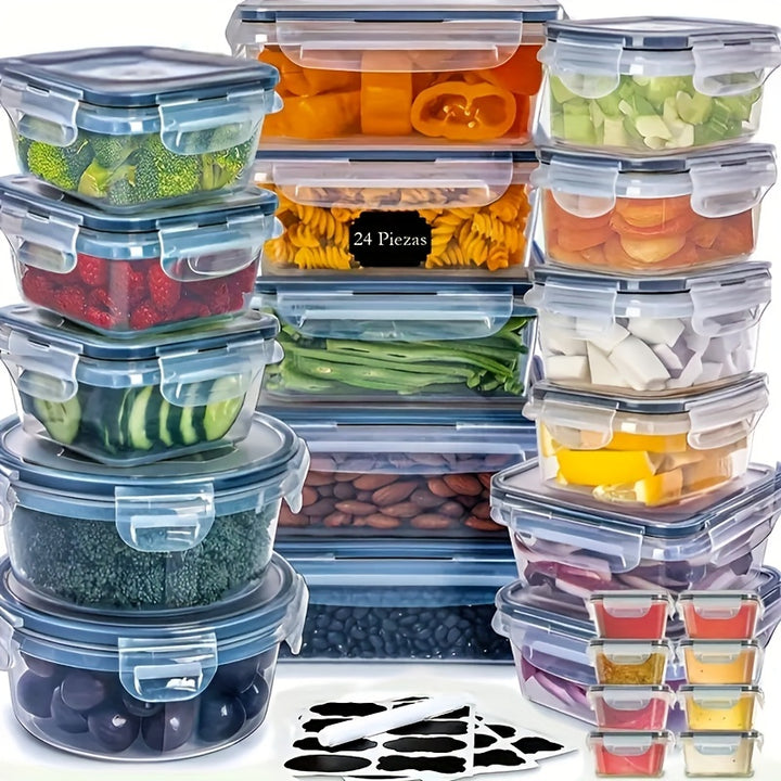 12/24pcs Transparent Kitchen Food Storage Container Set - Microwave Safe, Multipurpose Plastic Meal Prep Boxes with Flip-Top Lids + 24 Chalkboard Labels - Ideal for Vegetables, Fruits, Grains & More