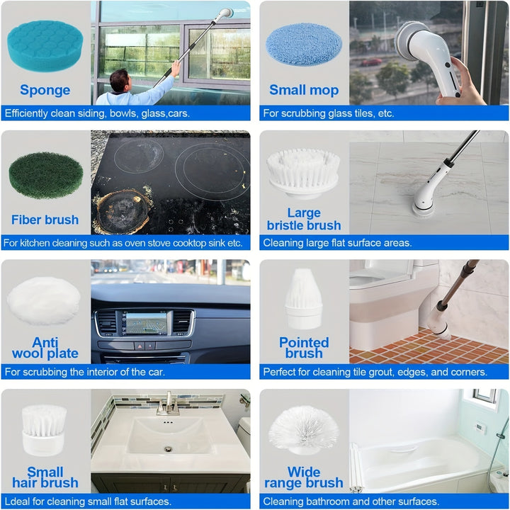 2025 9in 1 Electric Spin Scrubber | Dual Adjustable Speeds | Cordless | Adjustable & Detachable Handle | 9 Replaceable Brush Heads | Up to 420RPM | for Floor, Bathroom, Tub, Tile