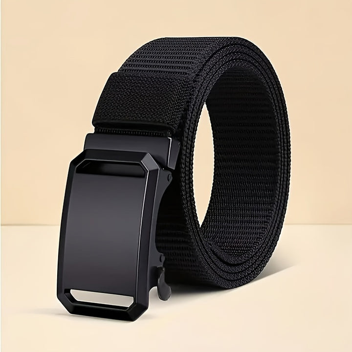 Men's Sleek Black Canvas Belt with Automatic Buckle - Perfect for Jeans, Outdoor Leisure & Sports Training