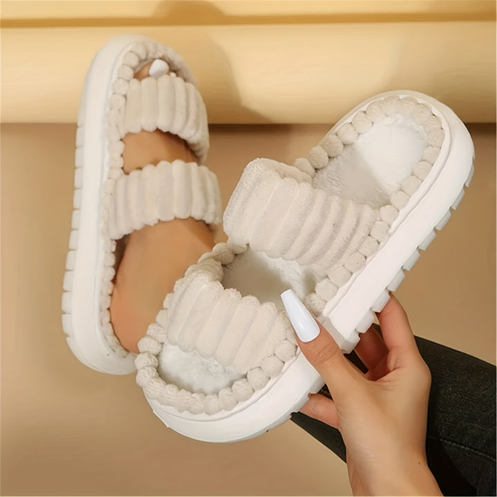 Double Straps Plush Women's Non Slip Comfy Slides Shoes, Solid Color Open Toe Fashion Indoor Platform Slippers