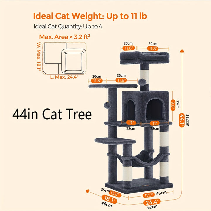 Feandrea 66.1/44.1in Cat Tree, Large Cat Tower with 13 Scratching Posts, 2 Perches, 2 Caves, Hanging Basket & Hammock, Pompoms, Stable Kitty Play House, Multi-Level Plush Cat Condo for Indoor Cats, Easy to Assemble, Perfect G