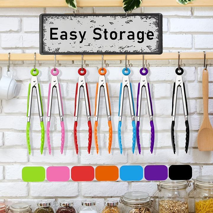 3pcs / 7pcs Kitchen Tongs, 7 Inch Small Silicone Tongs with Stainless Steel Silicon Handles and Nylon Tips, Heat Resistant Non-Stick Cooking Tongs, Mini Locking Food Tongs for Cooking Salad Grilling and Frying