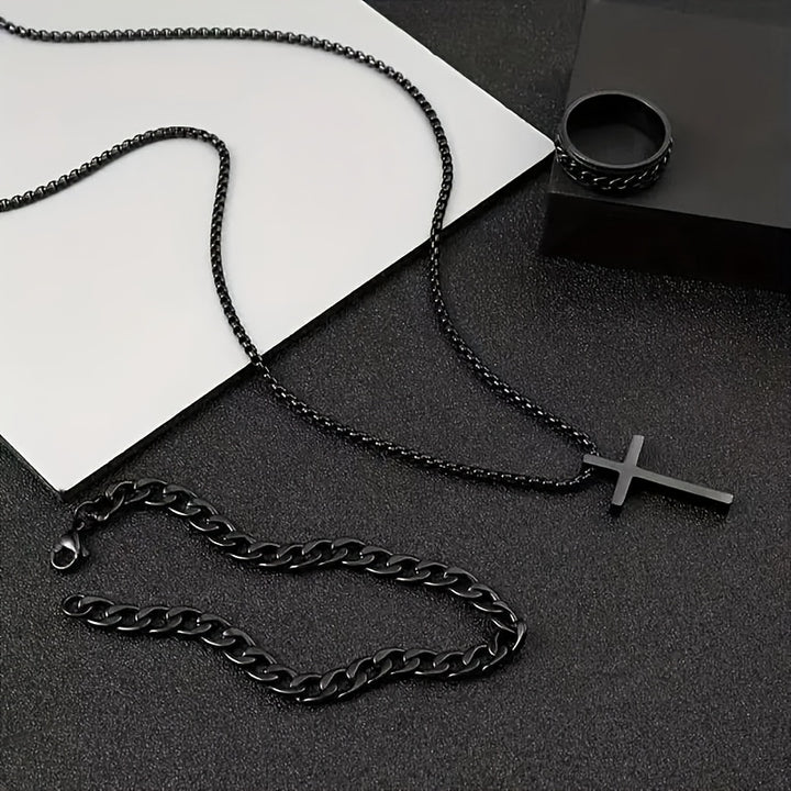3pcs Men'S Alloy Jewelry Set - Black Boho Style Chain Necklace With Cross Pendant, Matching Bracelet & Ring - Hypoallergenic Fashion Accessories For Autumn Outfits, Jesus, Valentine'S Day Gift