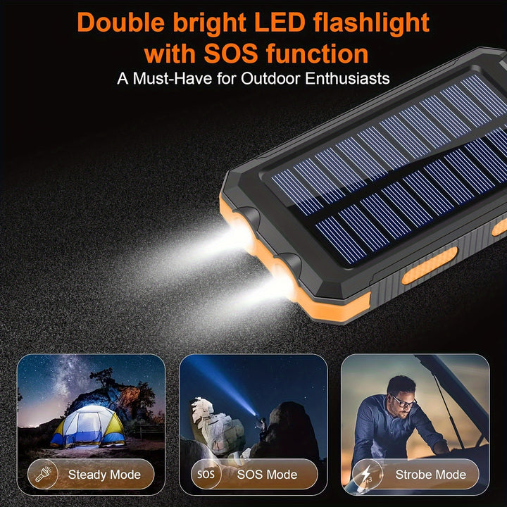 USB Tragbares Ladegerät Solar Power Bank für Handys, Camping Externe Backup-Batteriepack Dual 5V USB Port Ausgang, 2 LED Lichter Taschenlampe mit Zeiger