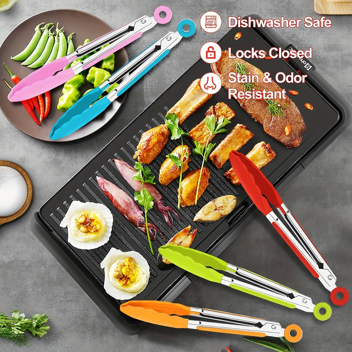 3pcs / 7pcs Kitchen Tongs, 7 Inch Small Silicone Tongs with Stainless Steel Silicon Handles and Nylon Tips, Heat Resistant Non-Stick Cooking Tongs, Mini Locking Food Tongs for Cooking Salad Grilling and Frying