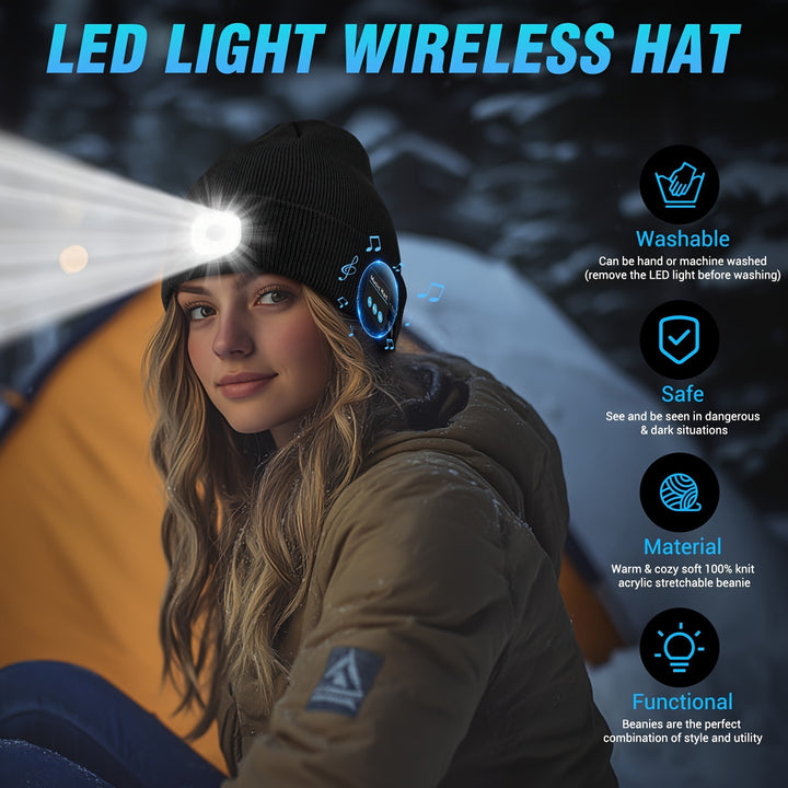 Gorro Sem Fio com Fones de Ouvido Integrados, Boné com Lanterna Recarregável por USB, para Atividades de Fitness ao Ar Livre no Inverno e Atividades Noturnas como Camping, Corrida, Esqui e Montanhismo, Presente de Natal Perfeito para Homens e Mulheres