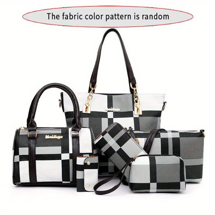 Large Capacity 6pcs/set Checkered Pattern Bag - Shoulder, Crossbody, Clutch, Long & Short Wallet