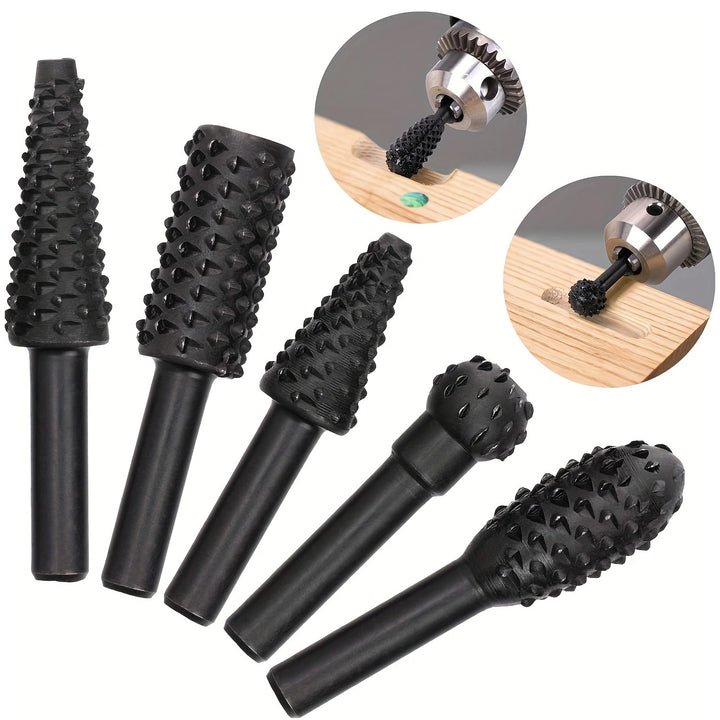 5pcs/10pcs Wood Carving File Rasp Drill Bit, 1/4" 6mm Rotary Rasp Drill Bit Set, DIY Woodworking Rotating Embossed Chisel Shaped Shank Tool Burr Power Tools For Engraving Polishing Grinding