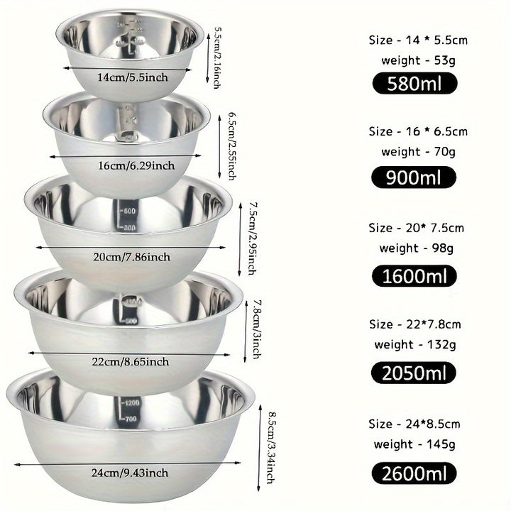 Stainless Steel 5pcs Mixing Bowls - Cooking Bowl With Scale - Great For Cooking, Baking, Prepping, Household Kitchen Cooking Basin