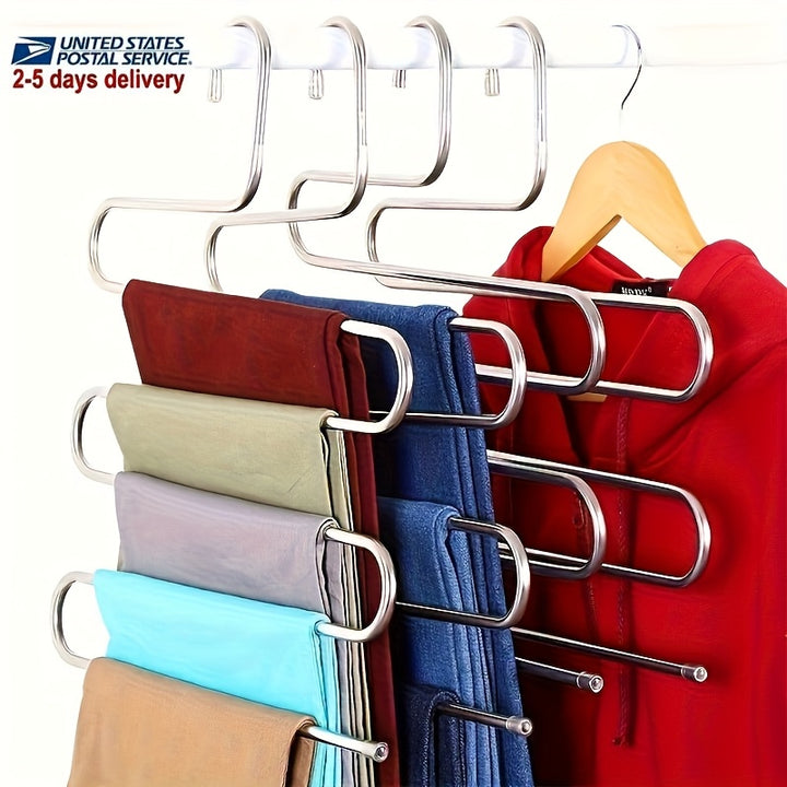 1pc Stainless Steel Multi-Layer S-Shaped Pants Hanger, Space Saving Non-Slip Closet Organizer for Trousers, Towels, Scarves