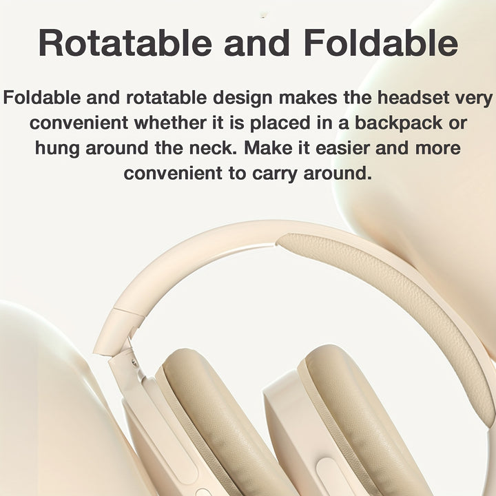 GENAI P2961 Over-Ear Wireless Headphones - Sleek White & Beige, 20H Playtime, Comfortable & Foldable, Wireless Connectivity, Noise-Canceling Mic, Ideal for Travel, Home, Office - Perfect Gift for Women, Teens