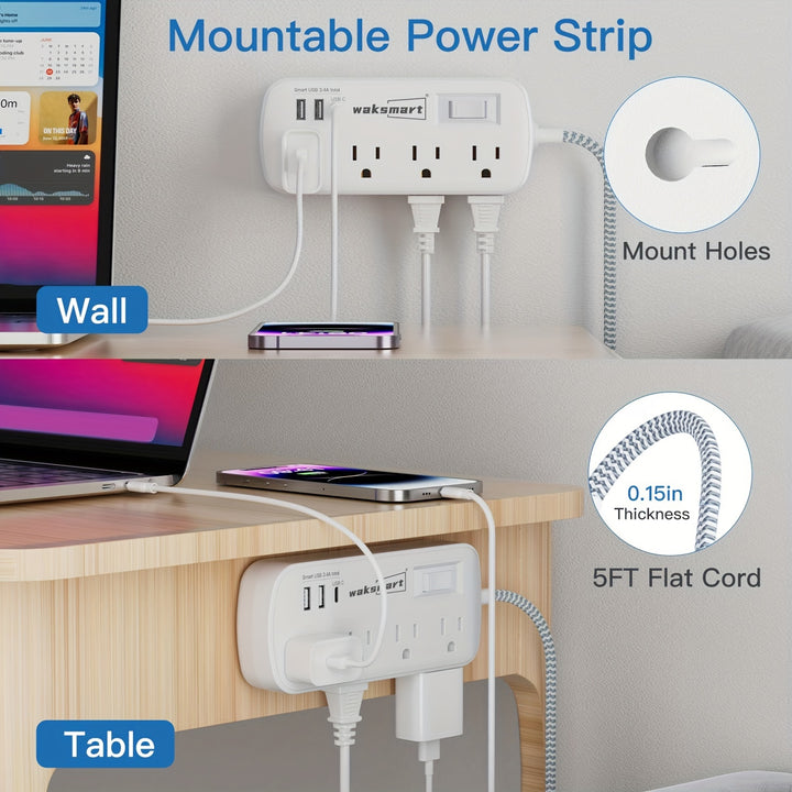 Compact 8-Outlet Surge Protector Power Strip with 3 USB Ports (1 USB-C) - Wall Mountable, 5ft Braided Flat Extension Cord, ETL Certified - Waksmart for Office, School, Dorm