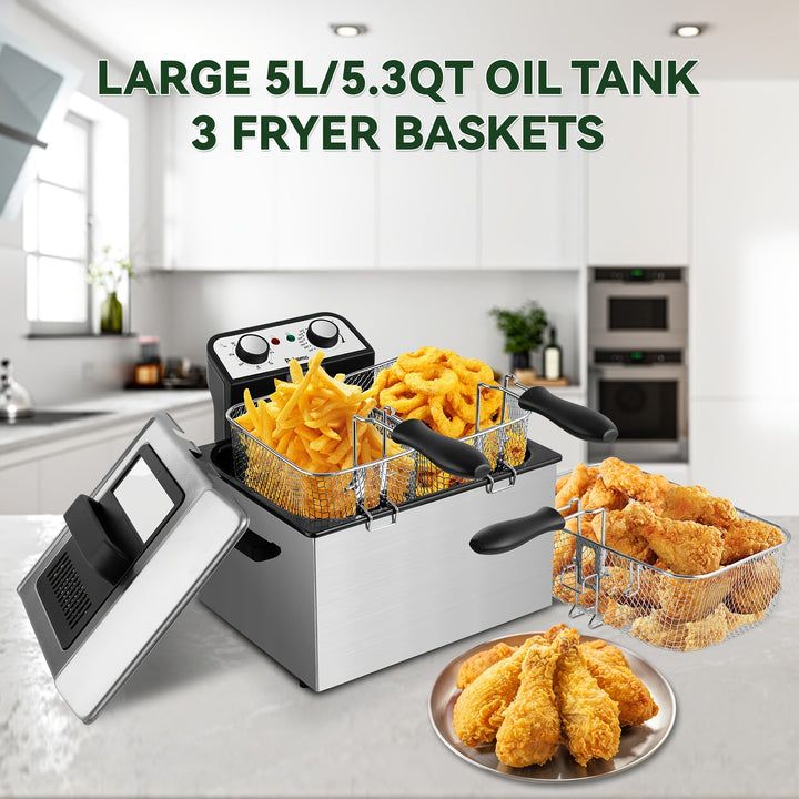 SUSTEAS 1500W Electric Deep Fryer with Temperature Control, Removable Lid & Non-Stick Basket - Easy-Clean 84.54oz Capacity for Home Use, Sleek Stainless Steel Design, Perfect for Frying Chicken, French Fries & More, Deep Frye