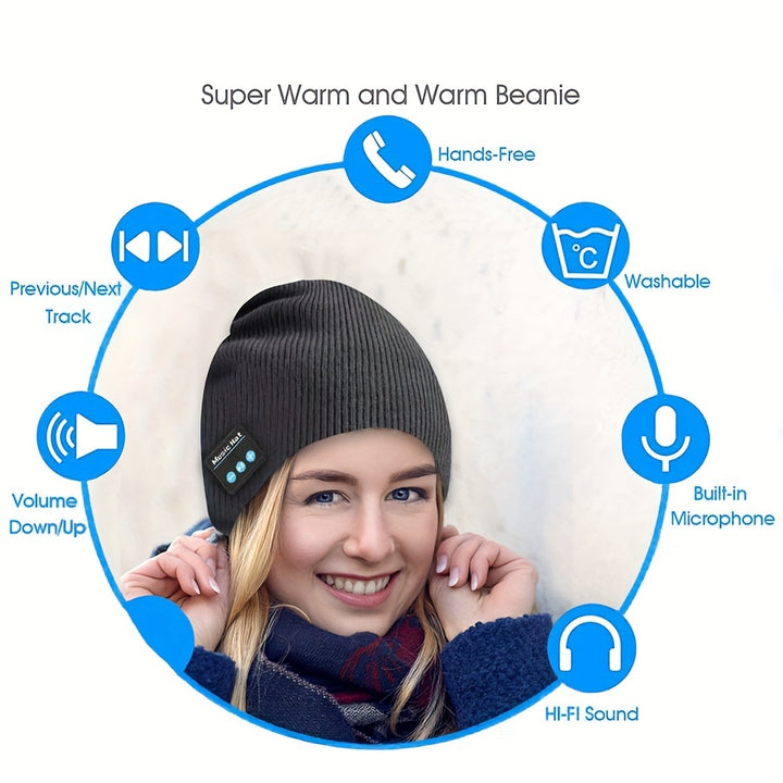 Wireless Musical Beanie Hat for Men and Women, USB Rechargeable with Built-in Battery, Knitted Acrylic, Elastic Fit, Lightweight - Grey