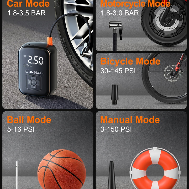 1 Pc Portable Tire Inflator with Digital Display - Fast Cordless Air Compressor, USB Rechargeable, Multi-Function Nozzle Adapter