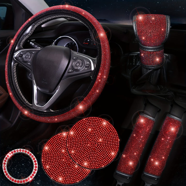 Bling Car Accessories for Women, Bling Steering Wheel Cover Bling Car Coasters Bling Set Seat Belt Shoulder Pads Ring Emblem Sticker Gear Shift Cover