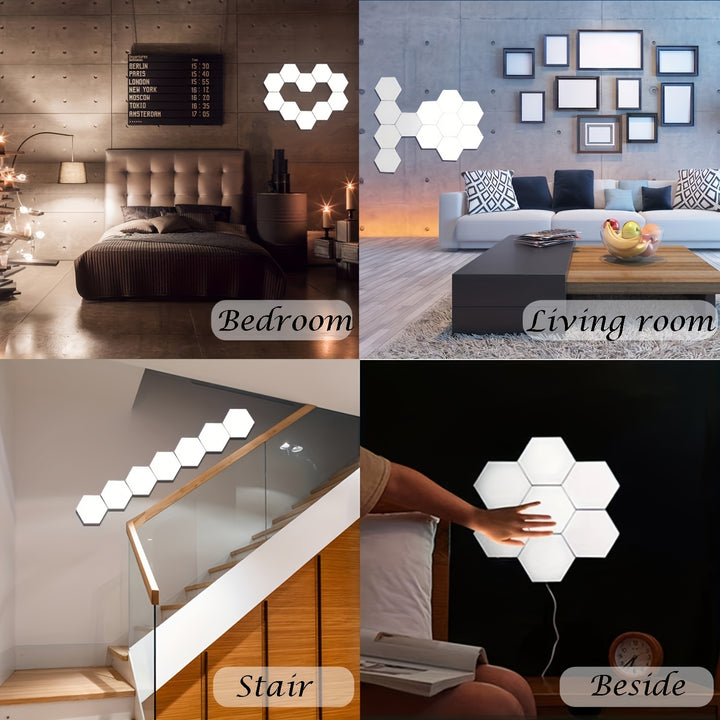 6-Pack Modern Touch-Controlled Hexagonal LED Wall Lights, DIY Assembly, Energy-Efficient Neutral White Lighting with Touch Night Light, Plastic Material, Wall-Mounted, Up-Light Illumination, USB Powered, No Battery Included